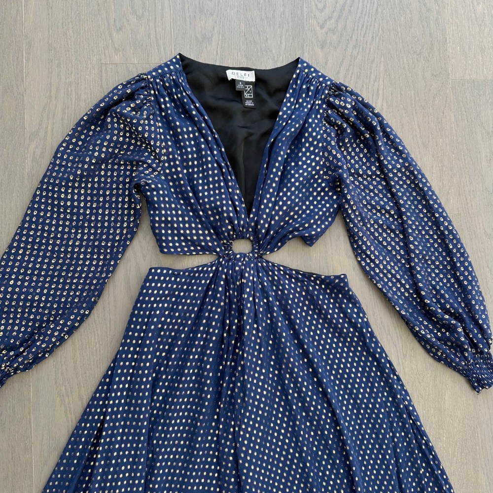 DELFI Collective Cerise Gown Blue Polka Dot Silk Metallic Gold Cut Out - Small - Picture 4 of 12